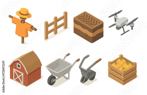 Isometric farm tools and equipment: scarecrow, drone, barn, wheelbarrow, crate