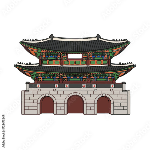 Traditional korean gate building with multiple arched entrances and ornate roof