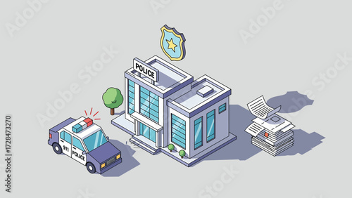 Isometric Vector Illustration of Modern Police Station with Patrol Car, Badge, and Documents on Grey Background