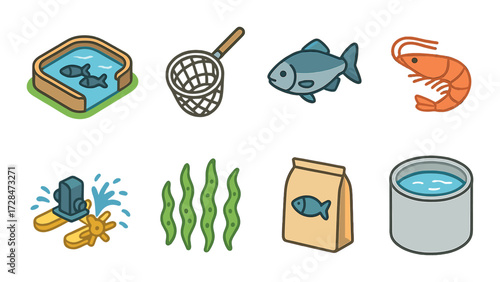 Colorful aquatic icons: fish, shrimp, seaweed, and aquaculture tools