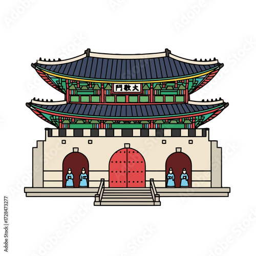Colorful traditional korean palace gate with intricate details and figures