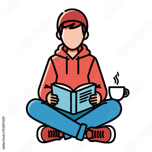 Young person wearing red hoodie and red sneakers, sitting crosslegged and engrossed in reading book, with steaming cup coffee or tea beside them