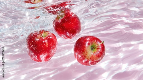 Ripe red apples suspended underwater, casting soft pink reflections revealing freshness and natural beauty