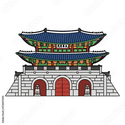 Traditional korean gate, namdaemun, depicted in colorful, flat style with intricate details and guardian lions
