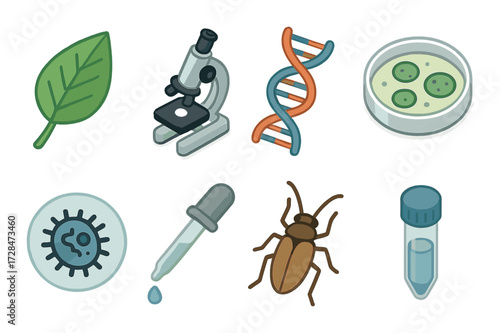 Science icons: dna strand, microscope, petri dish with cells, leaf, virus, dropper, insect, vial
