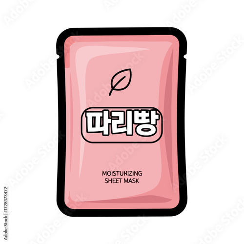 Pink pouch or packet moisturizing sheet mask with korean text and english text moisturizing sheet mask, isolated on transparent