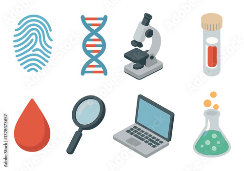 Forensic science tools: fingerprint, dna, microscope, blood sample, magnifying glass, laptop, beaker
