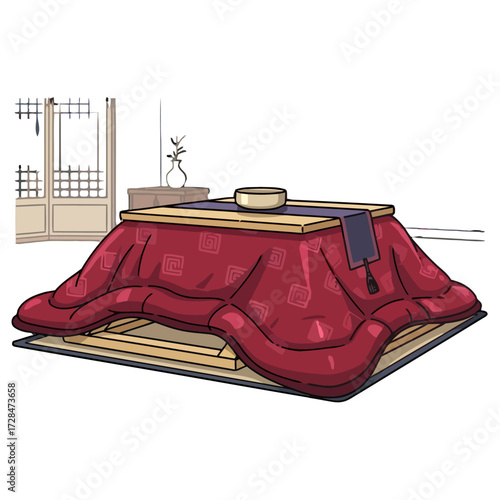 Cozy japanese kotatsu table covered with red blanket, featuring low wooden table with bowl and dark cloth inside traditional room setting