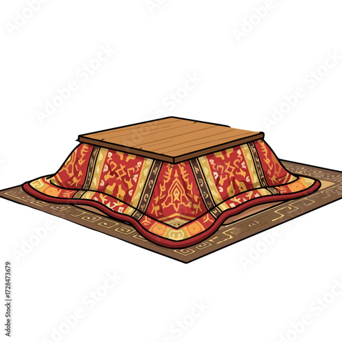Traditional japanese kotatsu, low heated table covered with colorful blanket, placed on tatami mat