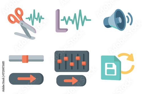 Colorful audio and video editing symbols set with scissors and sound waves