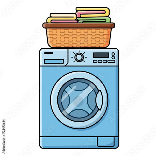 Blue washing machine with basket folded laundry on top