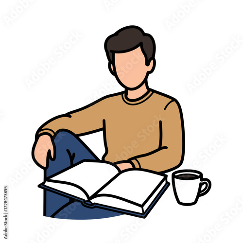 Person sitting casually with legs crossed, reading an open book next to mug coffee