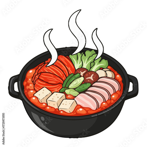 Korean kimchi jjigae, bubbling hot stew with tofu, pork, and vegetables, served in traditional pot
