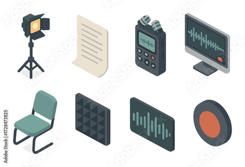 Audio production elements with microphone, waveform screen, studio chair, recording light