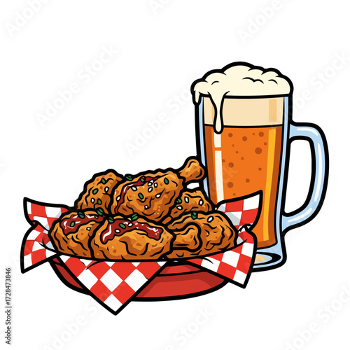 Crispy fried chicken wings served with tall glass frothy beer, popular snack and drink combination