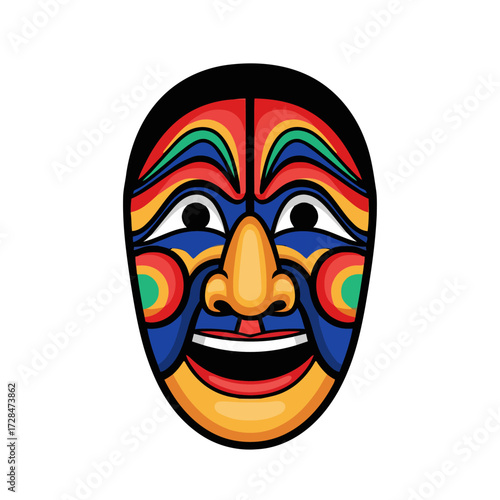 Colorful, traditional korean mask with wide smile and exaggerated features, featuring bold colors like red, blue, yellow, and green, isolated on transparent