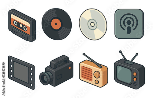 Retro media icons: cassette, vinyl, cd, podcast, film, camera, radio, tv