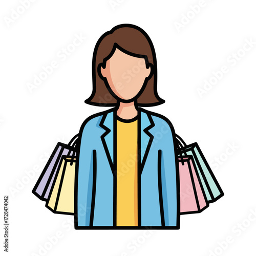 Stylized person with short brown hair wearing blue jacket and yellow shirt, holding multiple colorful shopping bags