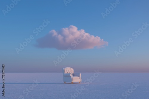 A minimalist, surreal 3D render of a single armchair sitting on a vast, empty plain. A perfectly formed cloud floats directly above the chair in a pastel blue and pink sky