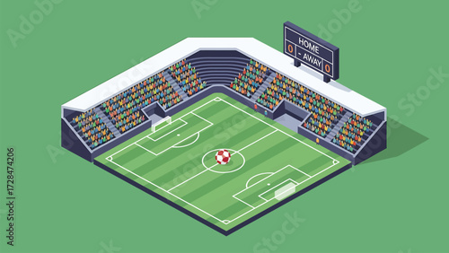Elevated View Soccer Pitch with Dynamic Spectator Stands and Digital Scoreboard Vector Art