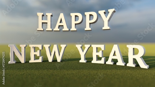 Happy New Year in 3D Text on a Grassy Field