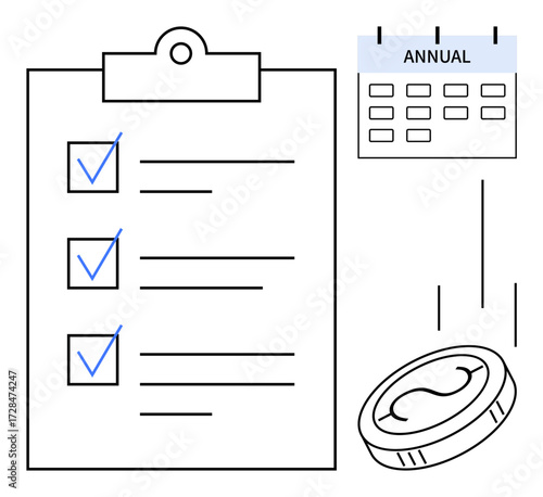 Clipboard with completed checklist, calendar marked Annual, and coin symbolizing budget. Ideal for planning, organization, budgeting, productivity, goal setting, annual reviews task management