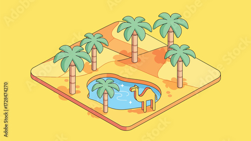 Isometric Desert Oasis Vector Illustration with Palm Trees, Camel, and Sparkling Water on Yellow Background