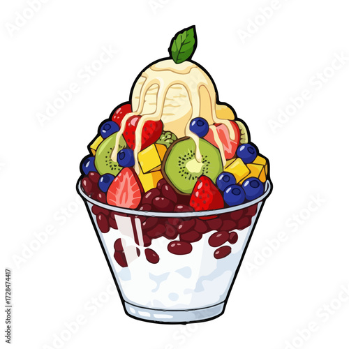 Delicious and colorful shaved ice dessert topped with fresh fruit, ice cream, and red beans in clear glass