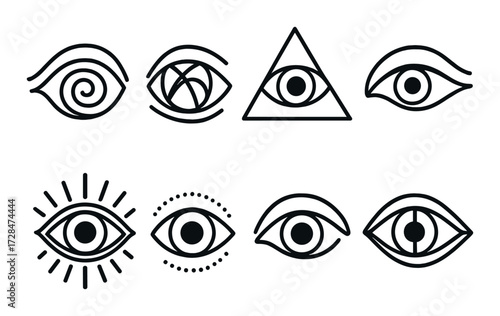 Collection of eight mystical eye symbols on olive background