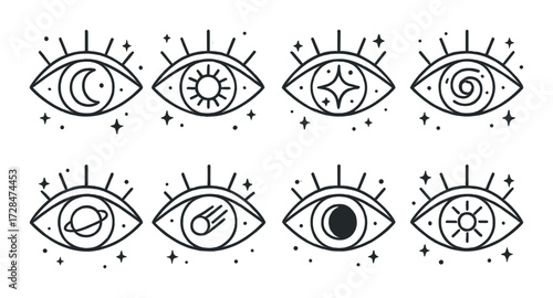 Mystical eye symbols featuring celestial elements and cosmic designs