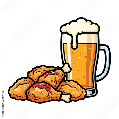 Mouthwatering crispy fried chicken drumsticks served with tall glass frothy beer, perfect for casual meal or party
