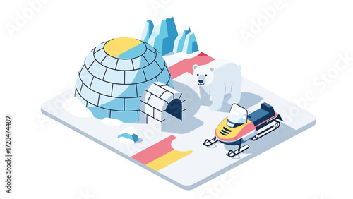 Isometric Arctic Winter Scene Vector Illustration with Igloo, Polar Bear, Snowmobile, and Icebergs