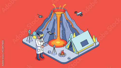 Volcanic Eruption Field Research Vector Illustration: Scientist Using VR and Drones for Isometric Geology Study