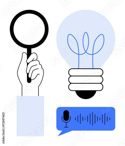 Hand holding magnifying glass, light bulb representing ideas, voice wave in speech bubble. Ideal for research, innovation, creativity, podcasting, voice recognition, knowledge simple flat metaphor