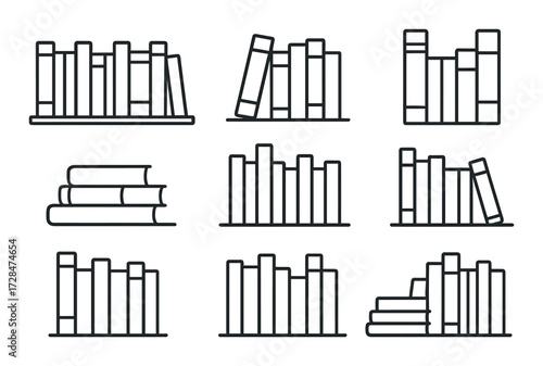 Simple minimalist illustration of books on shelves in various arrangements
