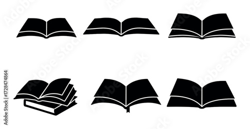 Collection of simplistic black and white open book icons