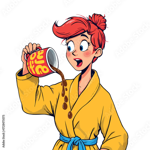 Vsai woman spilling coffee from cup on robe