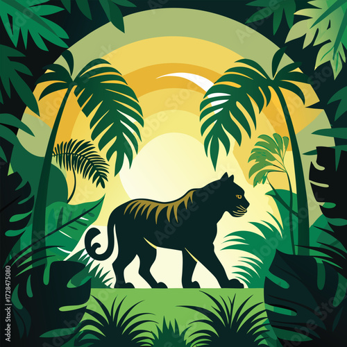 A majestic black panther strides through a vibrant jungle, surrounded by lush greenery and a radiant sunset