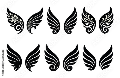 Set of eight elegant black wing designs with floral and abstract patterns