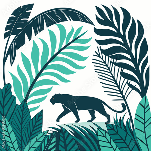 Black panther prowls through lush jungle foliage, a symbol of stealth and power in the vibrant tropical rainforest