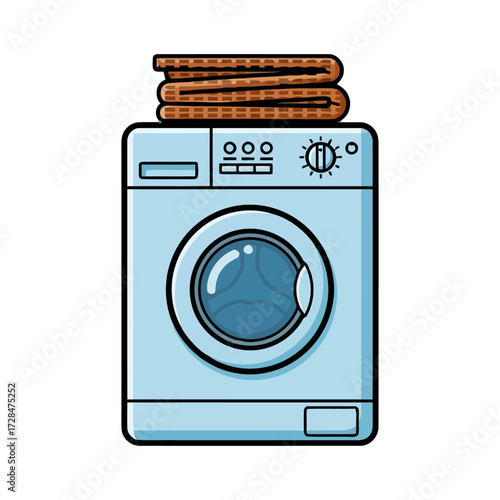 Light blue washing machine with glass door is topped with neat stack brown folded towels, isolated on transparent