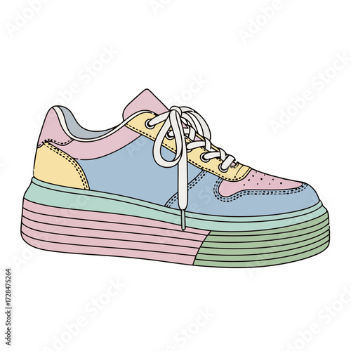 Stylish, multicolored sneaker with thick platform sole in pastel shades blue, pink, yellow, and green, featuring laces, isolated on transparent