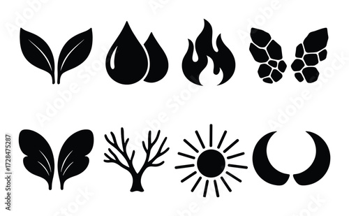 Set of eight black nature and element icons on dark background