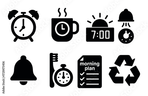 Silhouette morning routine icons: alarm, coffee, clock, checklist, recycling