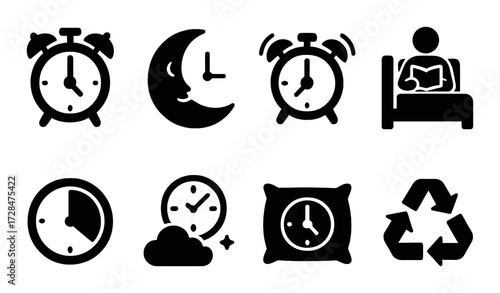 Sleep and time icons: alarm clock, moon, bedtime, and recycling symbols