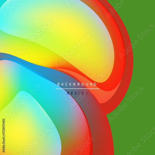 Abstract fluid shapes blend vibrant colors. Green background complements flowing red, yellow, blue hues. Modern design element.