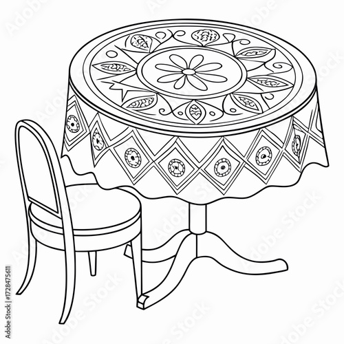 A simple line drawing of a round table covered with a decorative tablecloth and a single chair placed beside it perfect for coloring pages or design elements