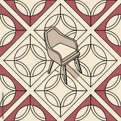 A solitary modern armchair sits on a decorative geometric tiled floor with a repeating pattern of circles and squares in cream and muted red