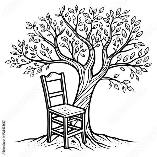 A solitary wooden chair rests beneath the sprawling branches of a leafy tree its roots anchoring it to the earth in a serene outdoor scene