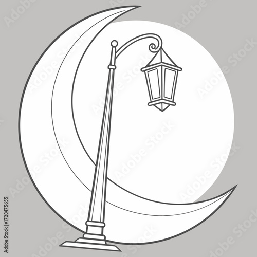 A stylized line art illustration of a vintage street lamp positioned in front of a crescent moon and a circular background evoking a sense of night and mystery